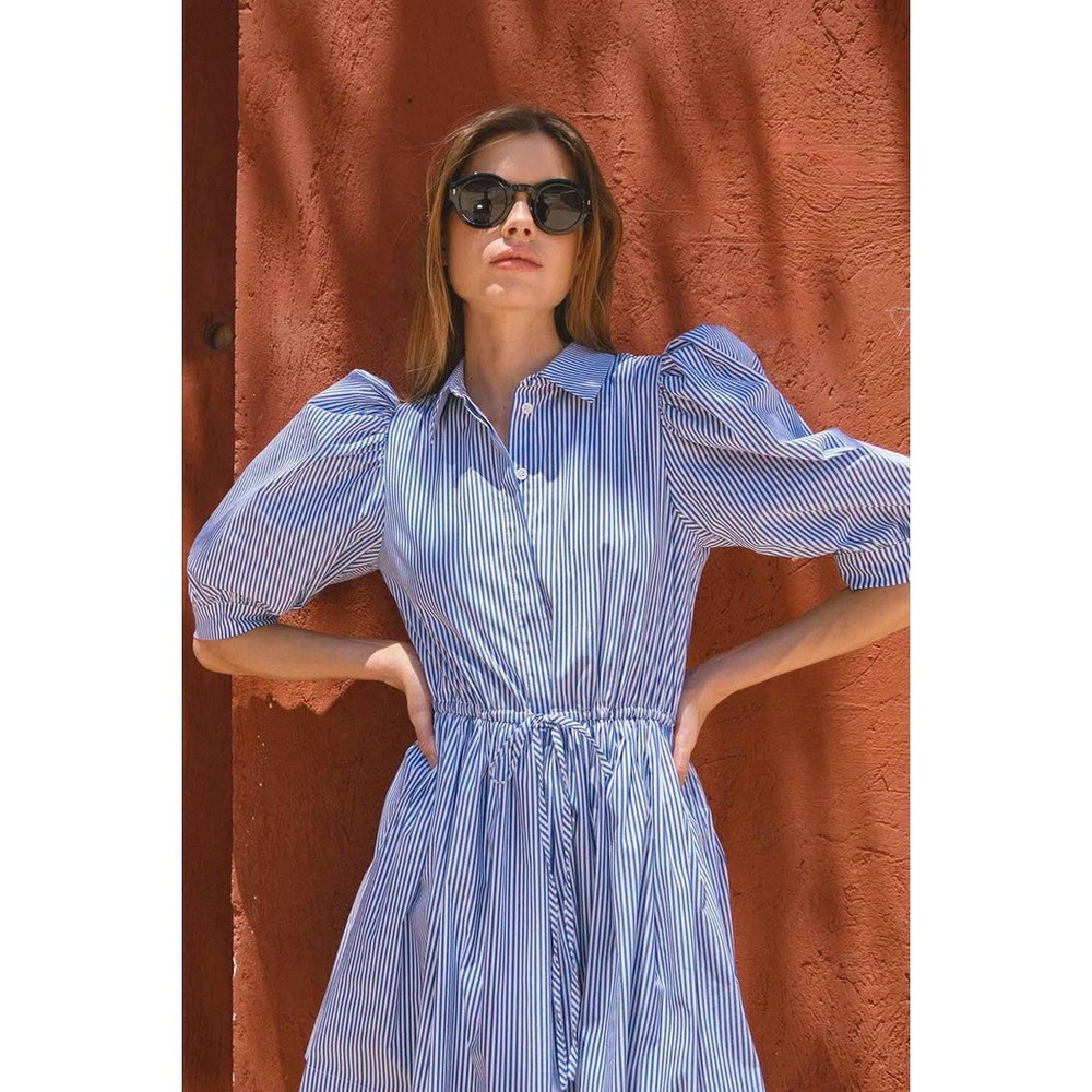 Hunter Bell McCauley Dress Blue Pinstripe Mini Puff Sleeve Size Small